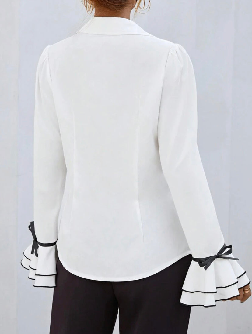 CM-TS615233 Women Elegant Seoul Style Contrast Binding Ruffle Trim Flare Sleeve Shirt