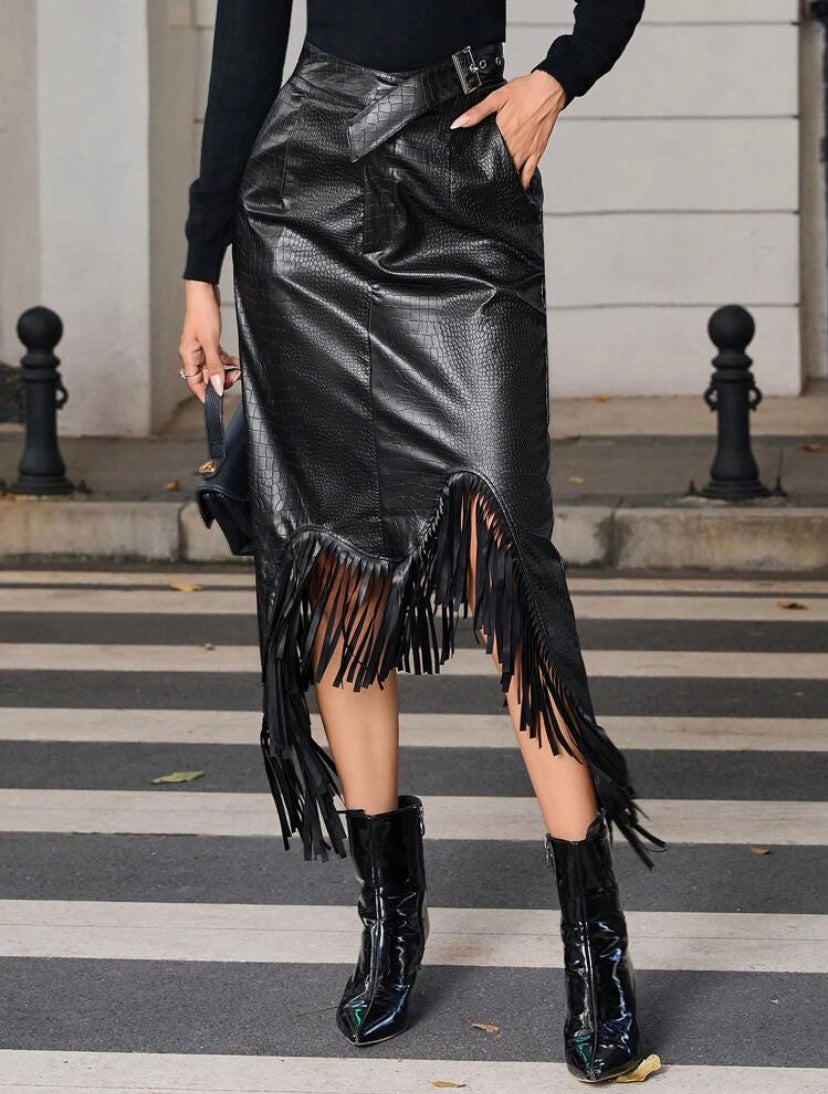 CM-BS241197 Women Elegant Seoul Style Fringe Hem PU Leather Skirt - Black