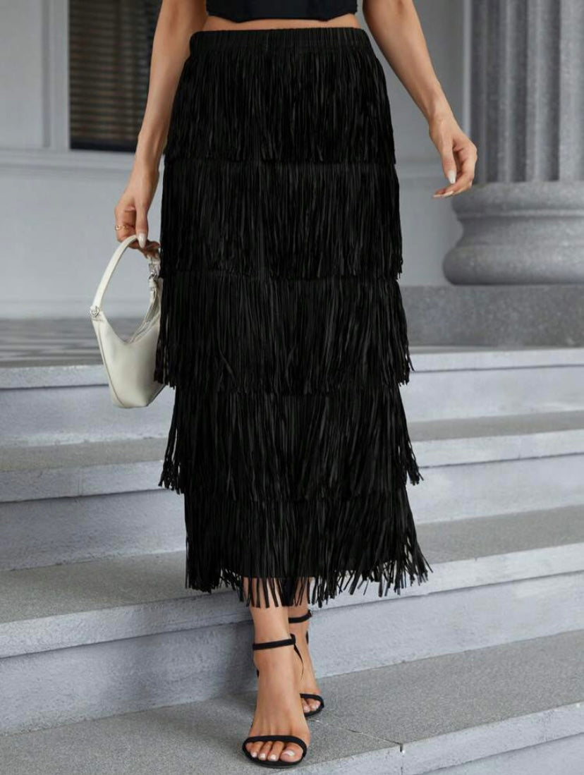 CM-BS329230 Women Elegant Seoul Style Solid Layered Fringe Trim Skirt - Black