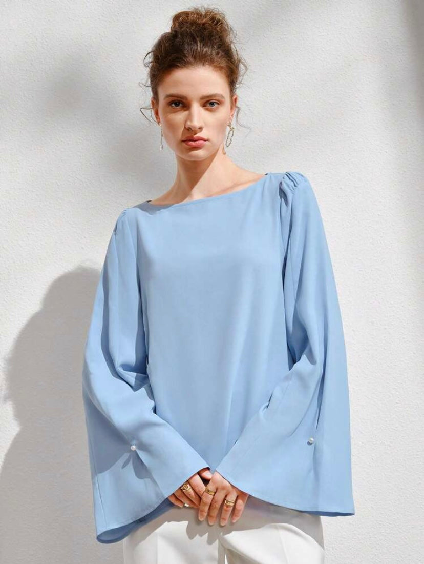 CM-TS596660 Women Elegant Seoul Style Solid Bell Sleeve Boat Neck Blouse - Blue