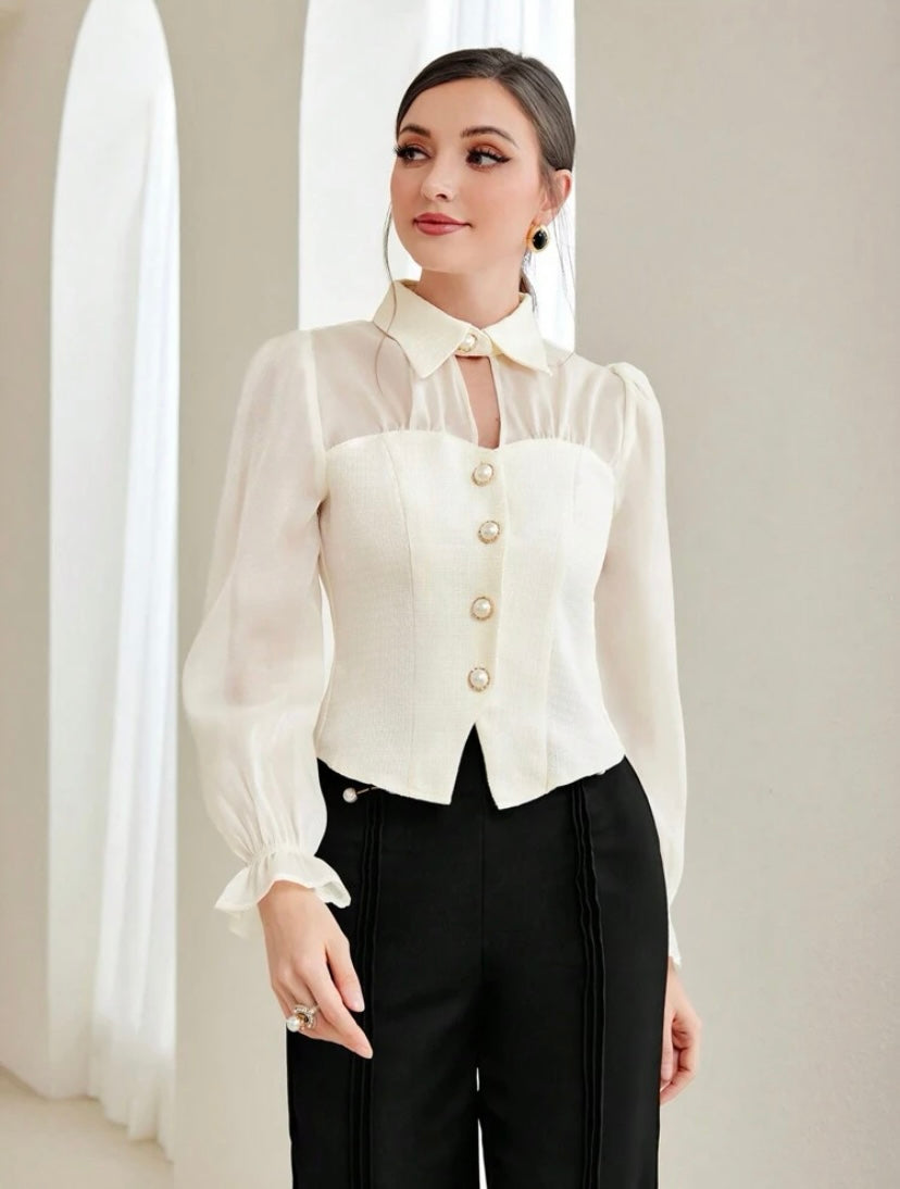 CM-TS711231 Women Elegant Seoul Style Flare Sleeve Button Front Blouse - Beige