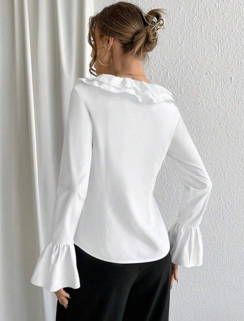 CM-TS315277 Women Casual Seoul Style Ruffle Trim Flounce Sleeve Blouse - White