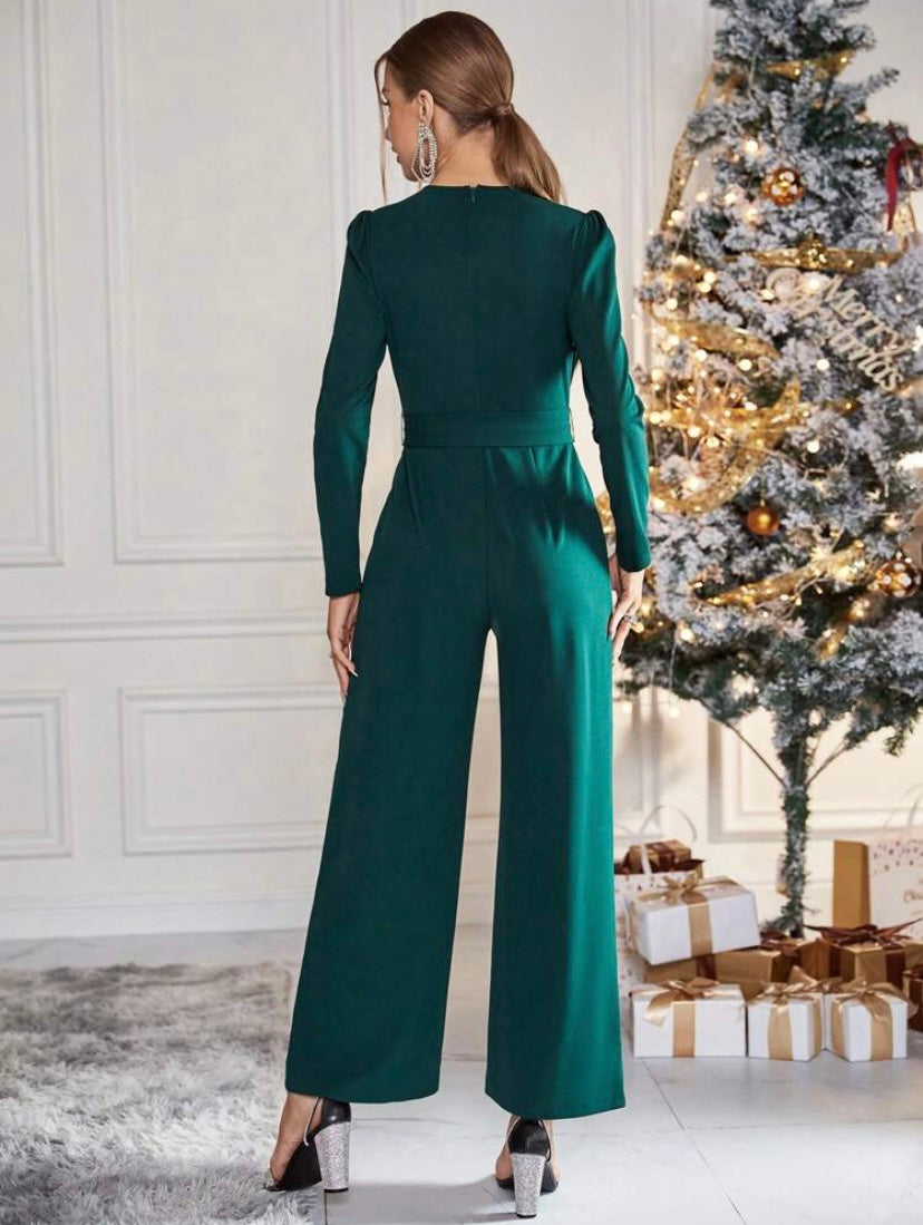 CM-JS164811 Women Elegant Seoull Style Surplice Neck Puff Sleeve Belted Jumpsuit - Dark Green
