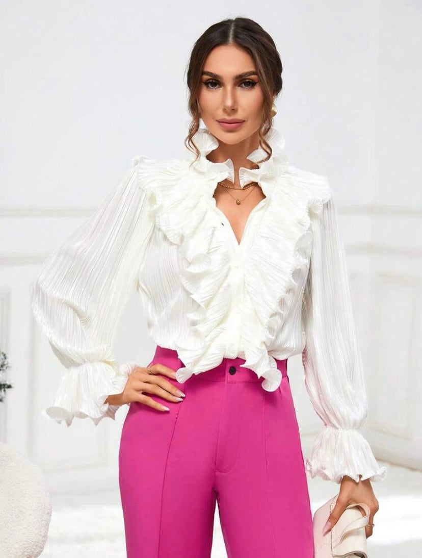 CM-TS899742 Women Elegant Seoul Style Ruffle Trim Flare Sleeve Blouse - White