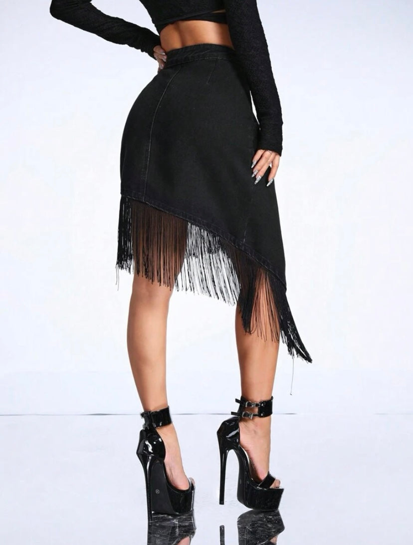 CM-BS723370 Women Casual Seoul Style High Waist Fringe Hem Denim Midi Skirt - Black