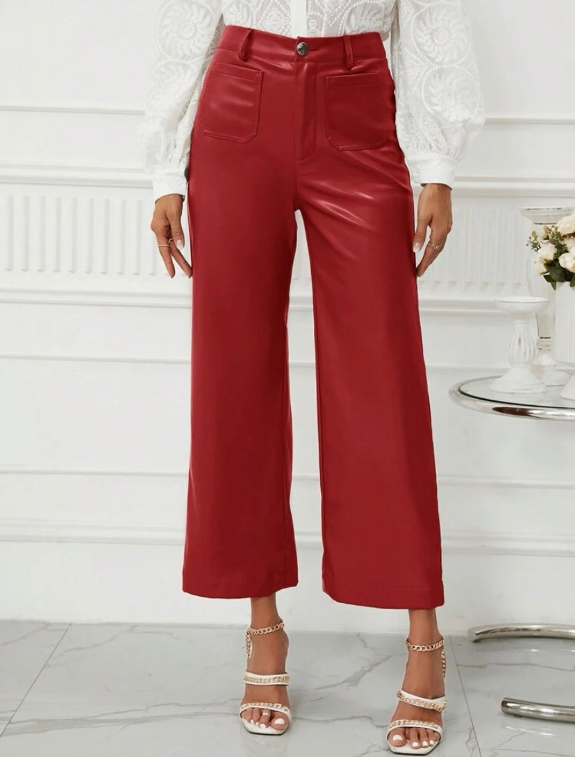 CM-BS579092 Women Casual Seoul Style High Waist PU Leather Wide Leg Pants - Red