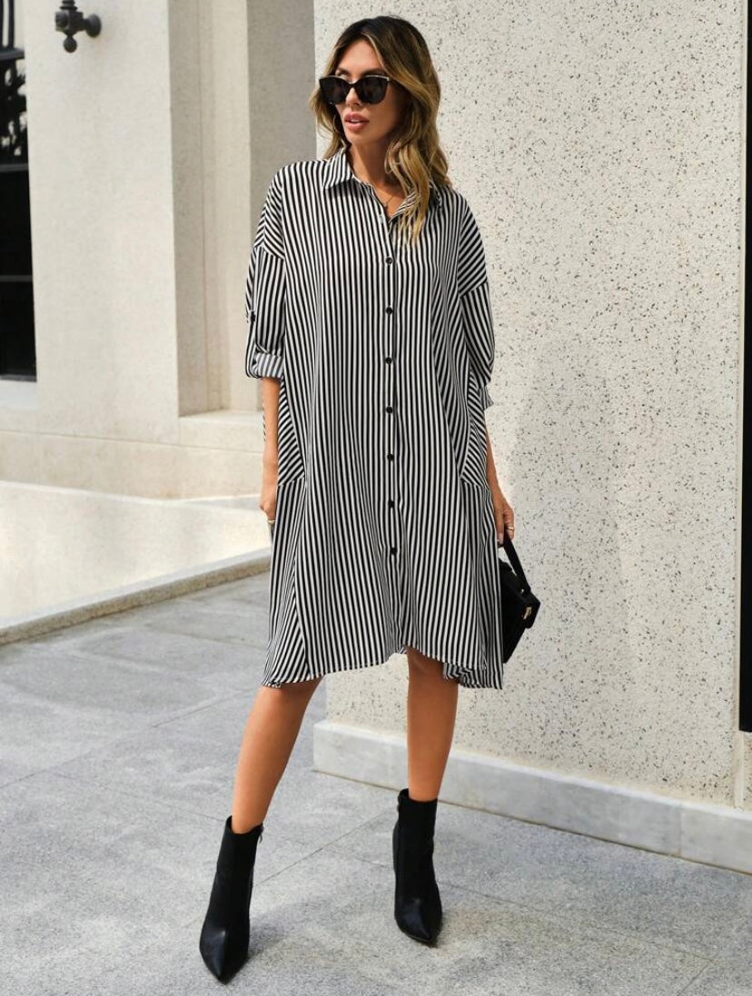 CM-DS664566 Women Casual Seoul Style Striped Print Roll Up Sleeve Button Front Shirt Dress