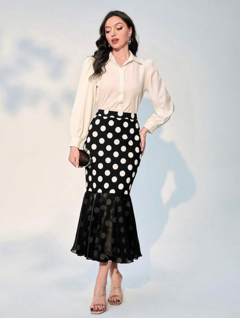 CM-BS108010 Women Elegant Seoul Style Polka Dot Mermaid Hem Skirt