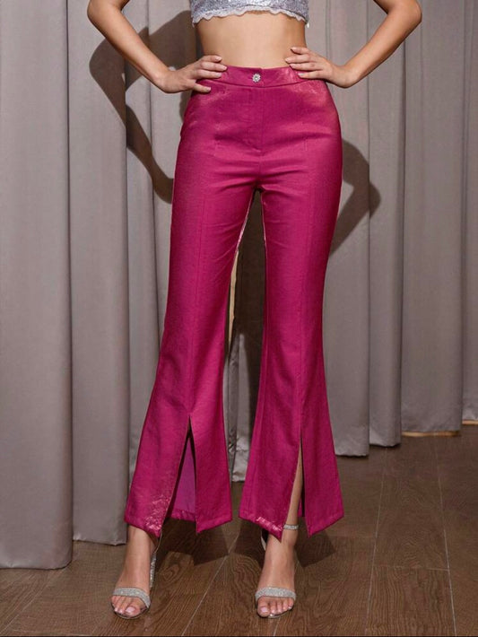 CM-BS384304 Women Elegant Seoul Style Solid Split Hem Flare Leg Pants - Hot Pink