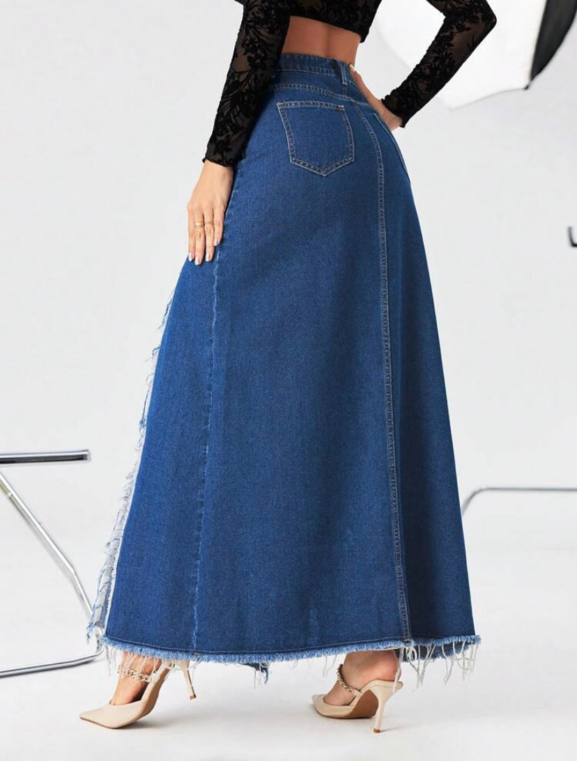 CM-BS491147 Women Preppy Seoul Style Dark Wash Raw Trim Split Thigh Denim Skirt