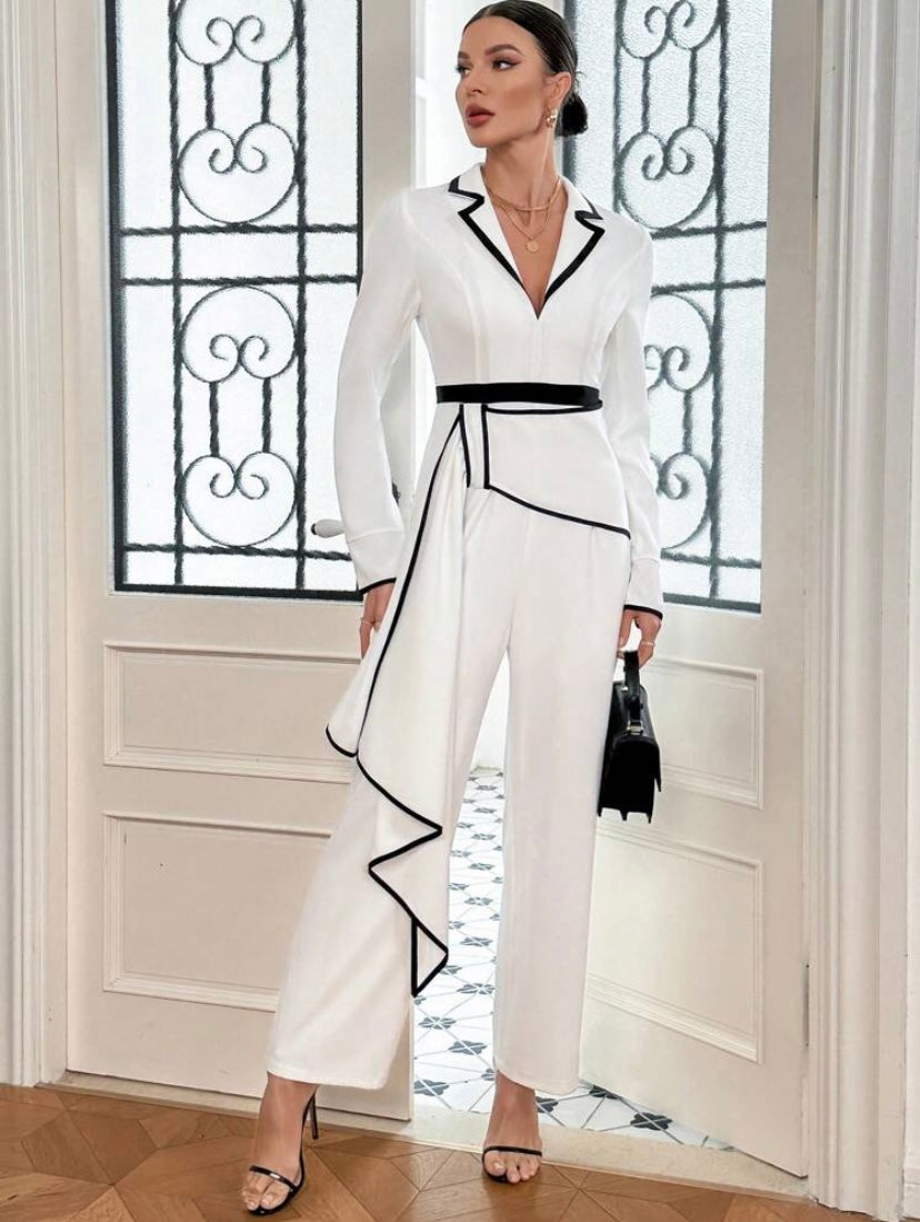 CM-JS720549 Women Elegant Seoul Style Color Block Lapel Collar Jumpsuit With Edge Detail