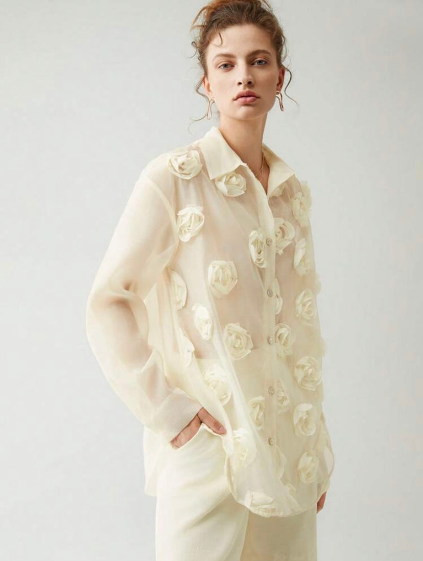 CM-TS800603 Women Casual Seoul Style Appliques Button Front Drop Shoulder Shirt