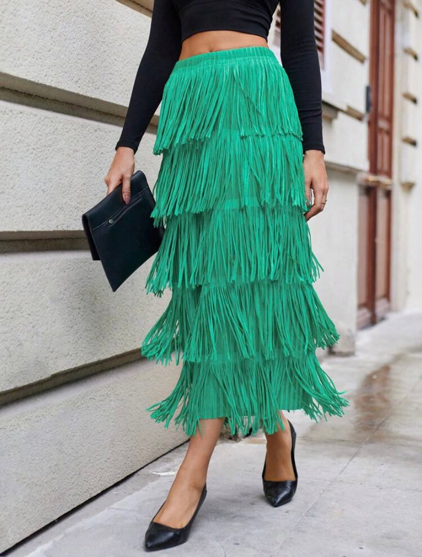 CM-BS960429 Women Elegant Seoul Style Solid Layered Fringe Trim Skirt - Green