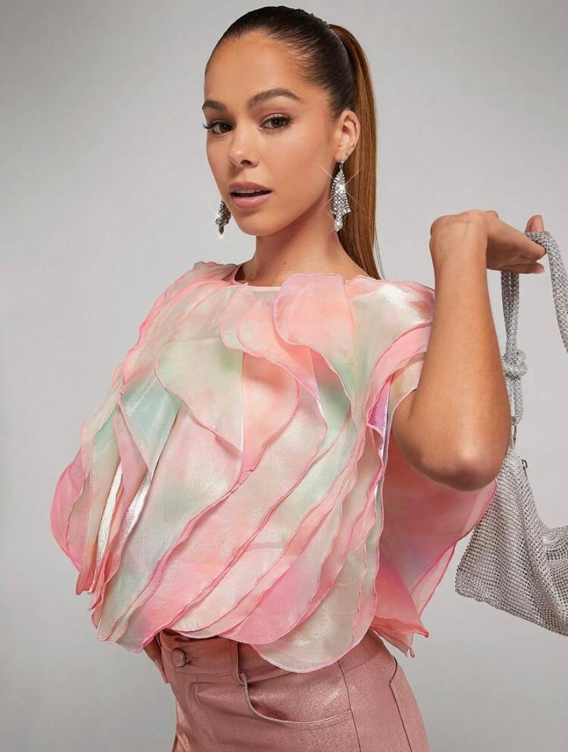CM-TS818808 Women Elegant Seoul Style Round Neck Tie Dye Layered Short Sleeve Blouse
