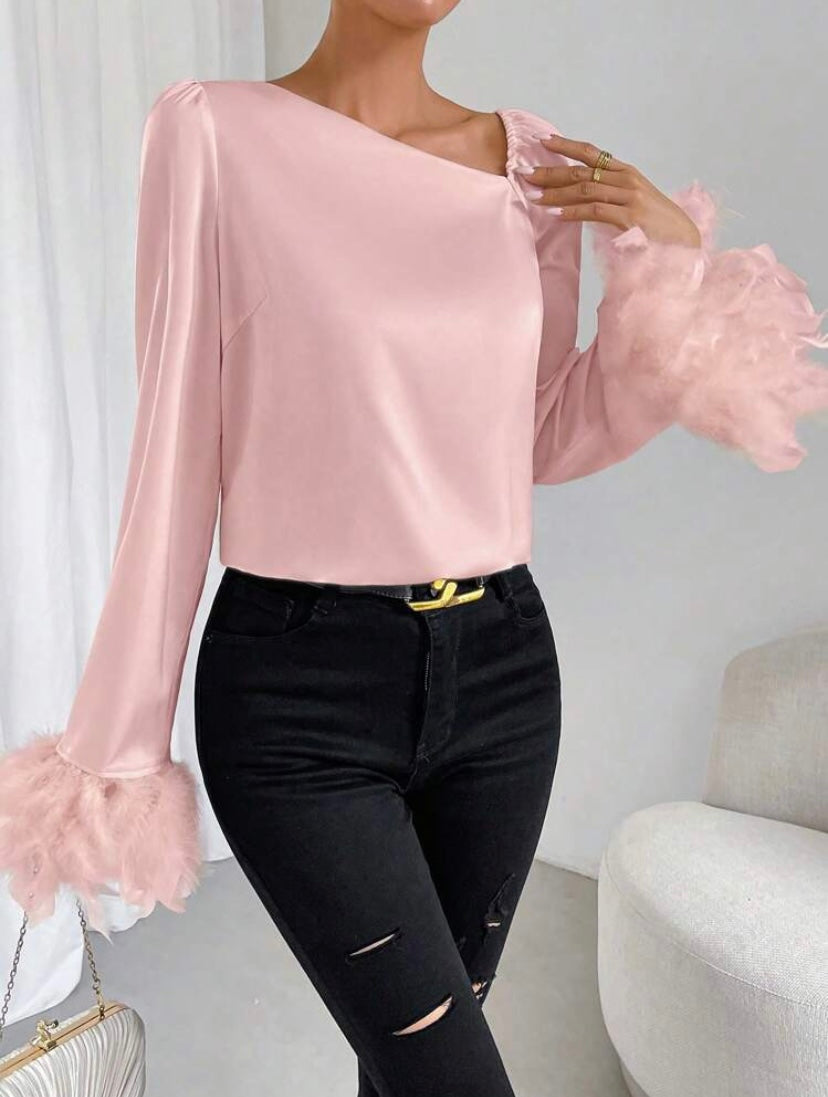 CM-TS892309 Women Elegant Seoul Style Asymmetrical Neck Fuzzy Cuff Satin Blouse - Pink