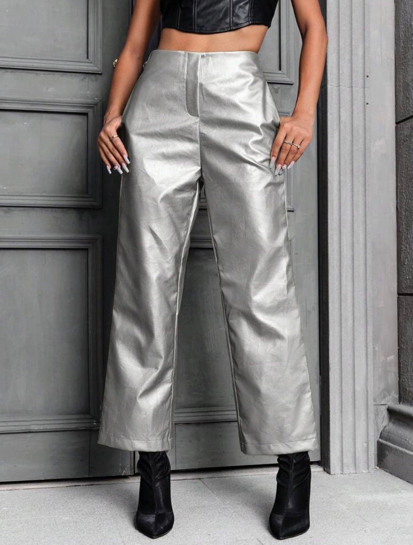 CM-BS275326 Women Elegant Seoul Style Metallic Straight Leg Pants - Silver