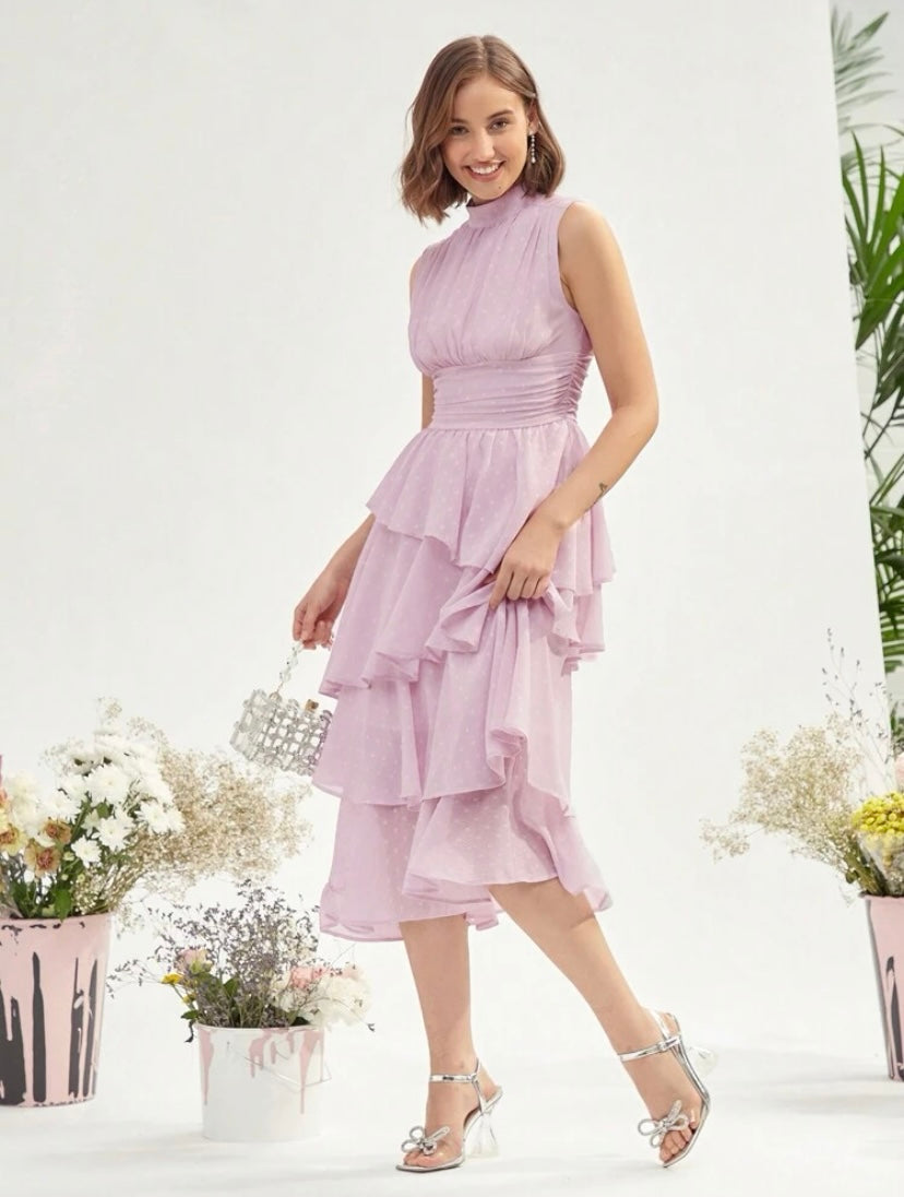 CM-DS362216 Women Elegant Seoul Style Mock Neck Ruched Bust Layered Hem Dress - Pink