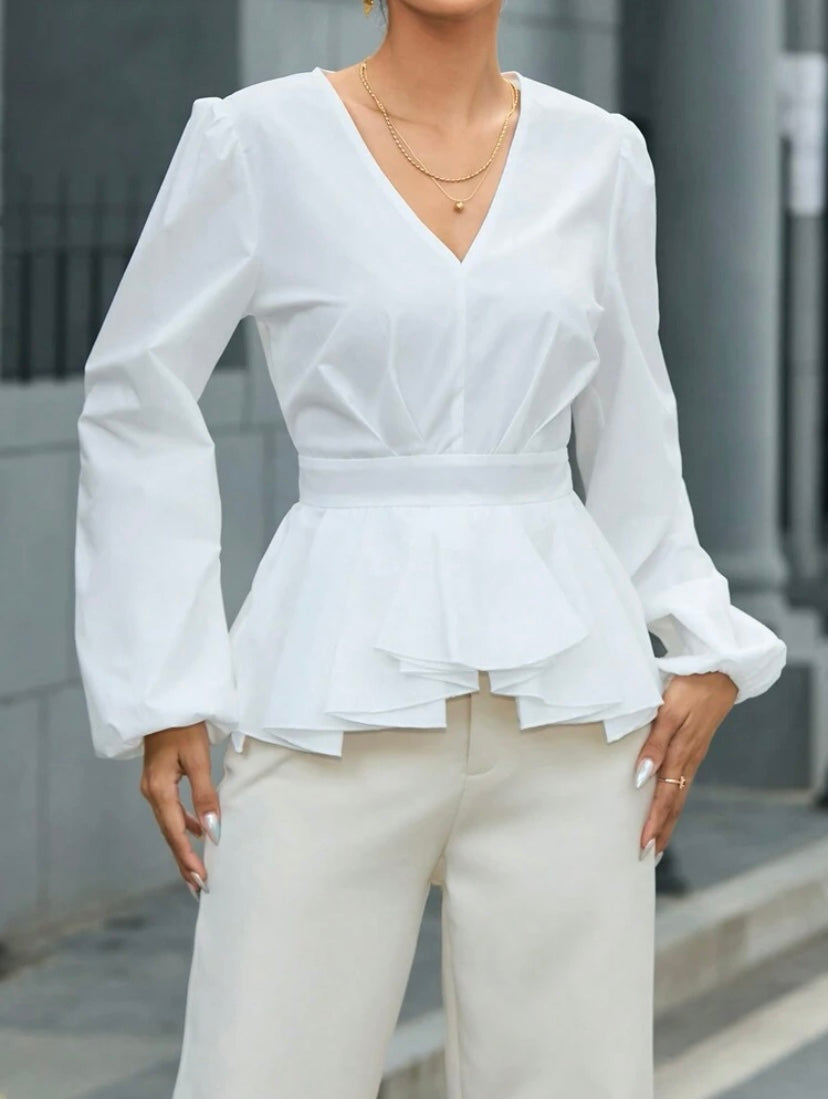 CM-TS250676 Women Elegant Seoul Style Lantern Sleeve Shirt With Ruffle Hem - White