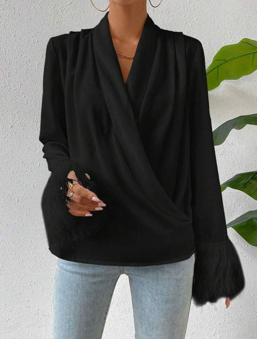 CM-TS068200 Women Elegant Seoul Style V-Neck Solid Fringe Cuff Wrap Blouse - Black