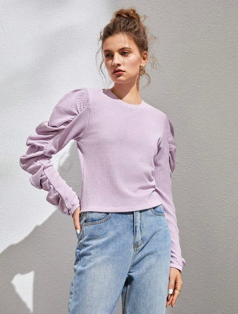 CM-TS667371 Women Casual Seoul Style Round Neck Ruched Puff Sleeve Tee - Mauve Purple