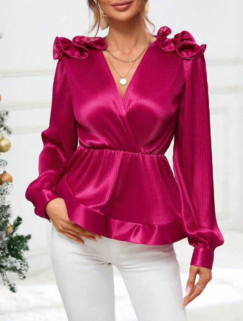CM-TS189618 Women Elegant Seoul Style Ruffle Trim Lantern Sleeve Peplum Blouse - Hot Pink