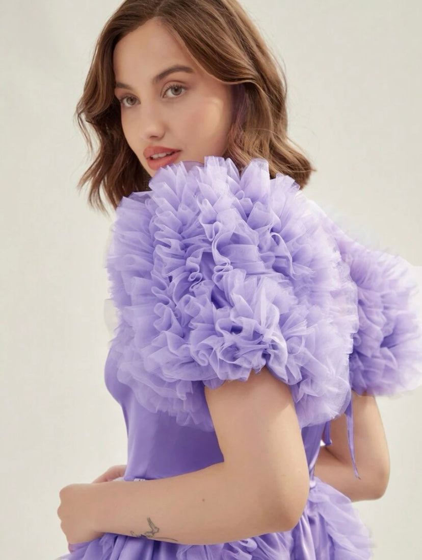 CM-DS365175 Women Elegant Seoul Style Sweetheart Neck Mesh Ruffle Trim Puff Sleeve Dress