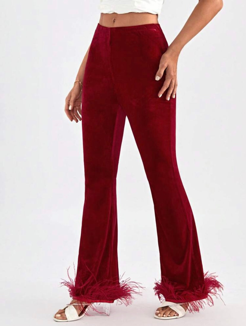 CM-BS913402 Women Elegant Seoul Style Fuzzy Hem Velvet Flare Leg Pants