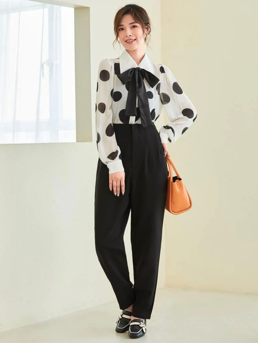 CM-TS083170 Women Elegant Seoul Style Polka Dot Tie Neck Long Sleeve Shirt