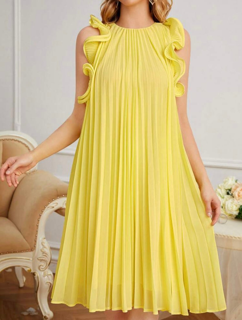 CM-DS115942 Women Elegant Seoul Style Sleeveless Ruffle Trim Pleated Dress - Yellow