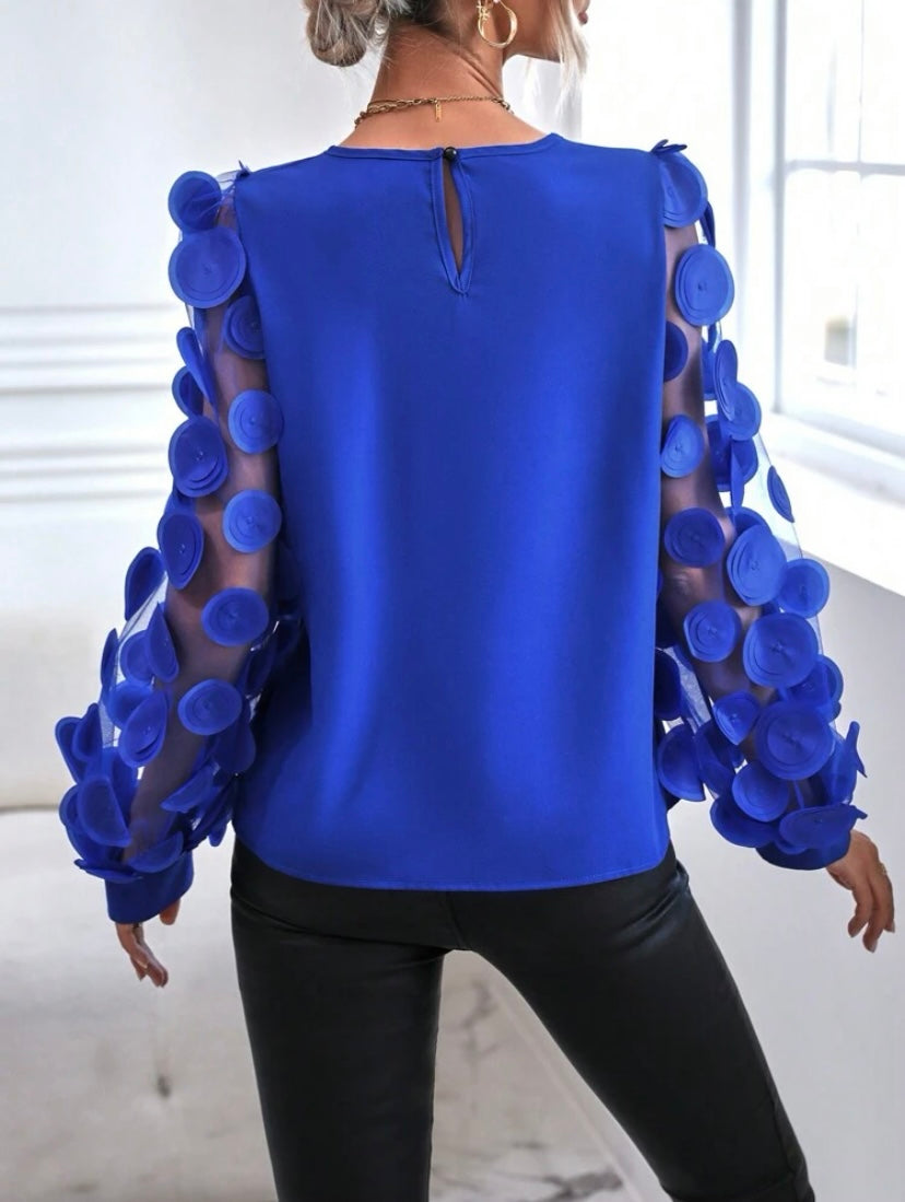 CM-TS471091 Women Casual Seoul Style Contrast Mesh Appliques Lantern Sleeve Blouse - Royal Blue