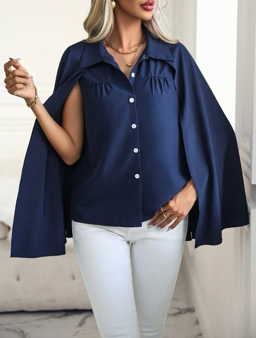 CM-TS331615 Women Casual Seoul Style Cloak Sleeve Button Front Shirt - Navy Blue
