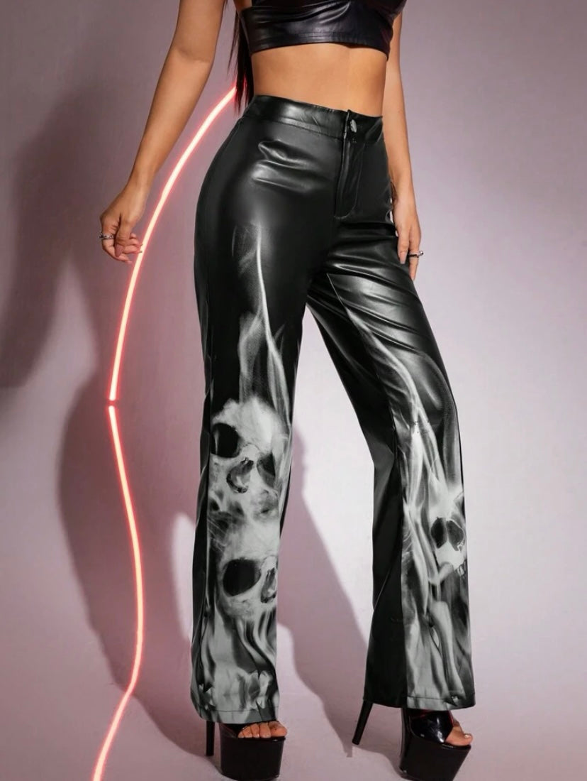 CM-BS977751 Women Casual Seoul Style Print Straight Leg PU Leather Pants - Black