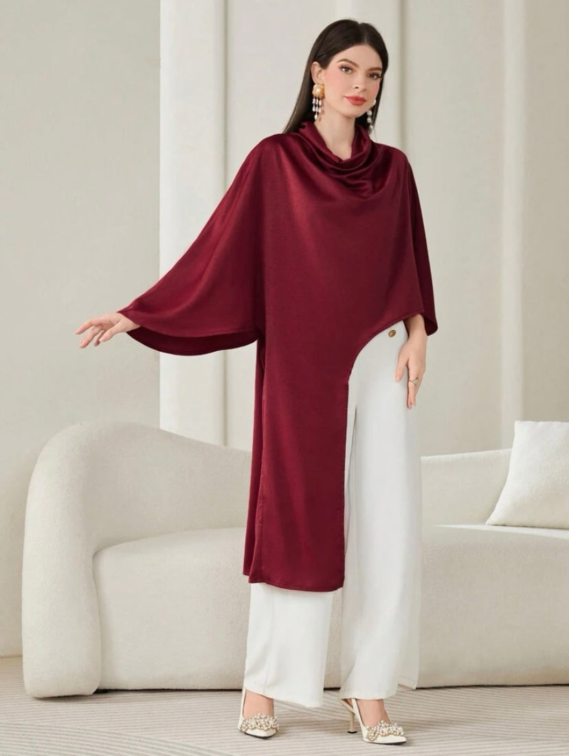 CM-TS824289 Women Elegant Seoul Style Draped Collar Asymmetrical Hem Blouse - Burgundy