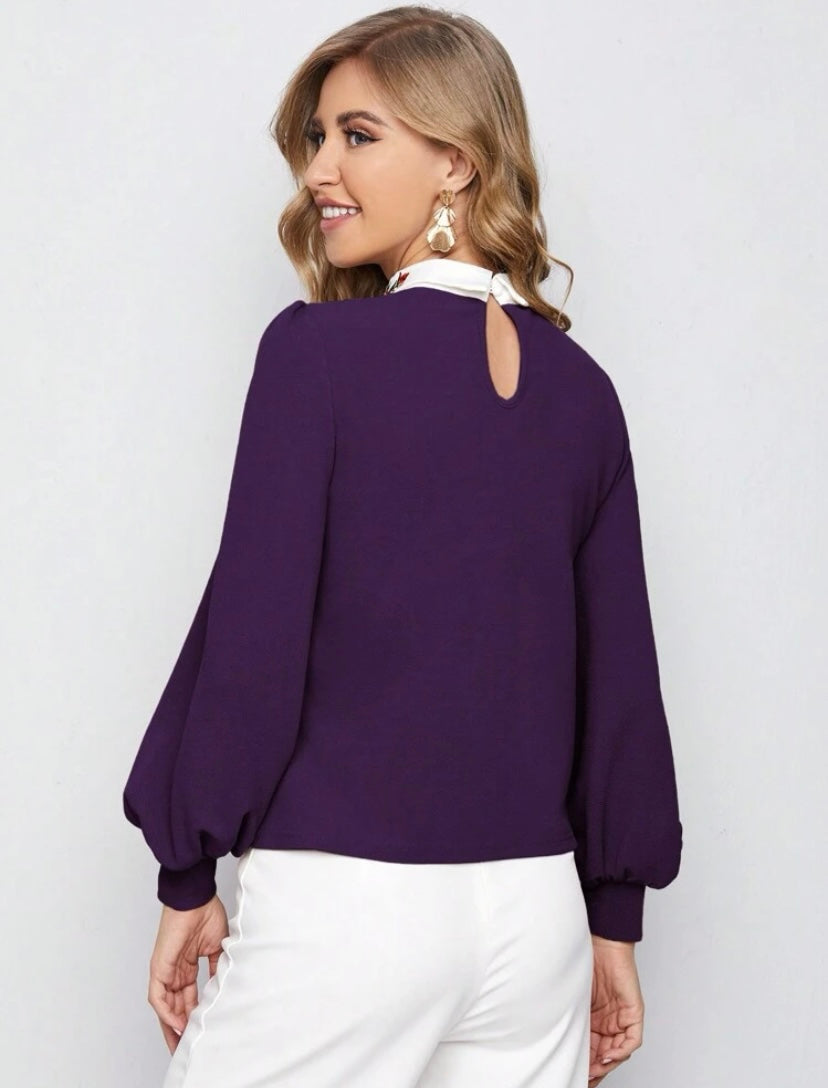 CM-TS932112 Women Casual Seoul Style Contrast Collar Lantern Sleeve Embroidery Floral Top