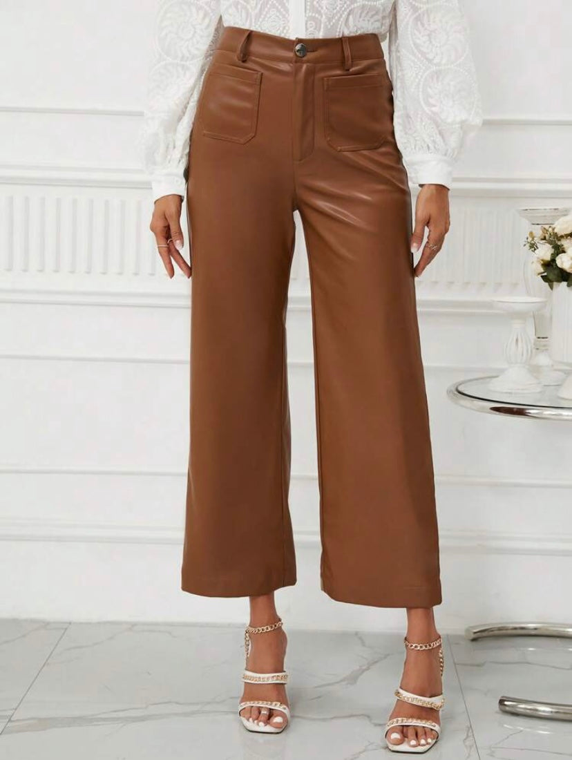 CM-BS505095 Women Casual Seoul Style High Waist PU Leather Wide Leg Pants - Brown