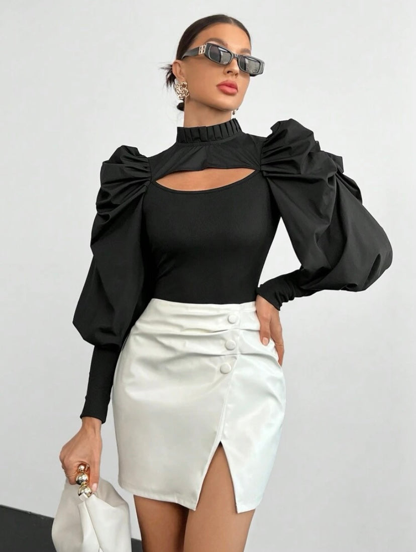 CM-TS365112 Women Casual Seoul Style Mock Neck Cut Out Front Gigot Sleeve Frill Trim Top