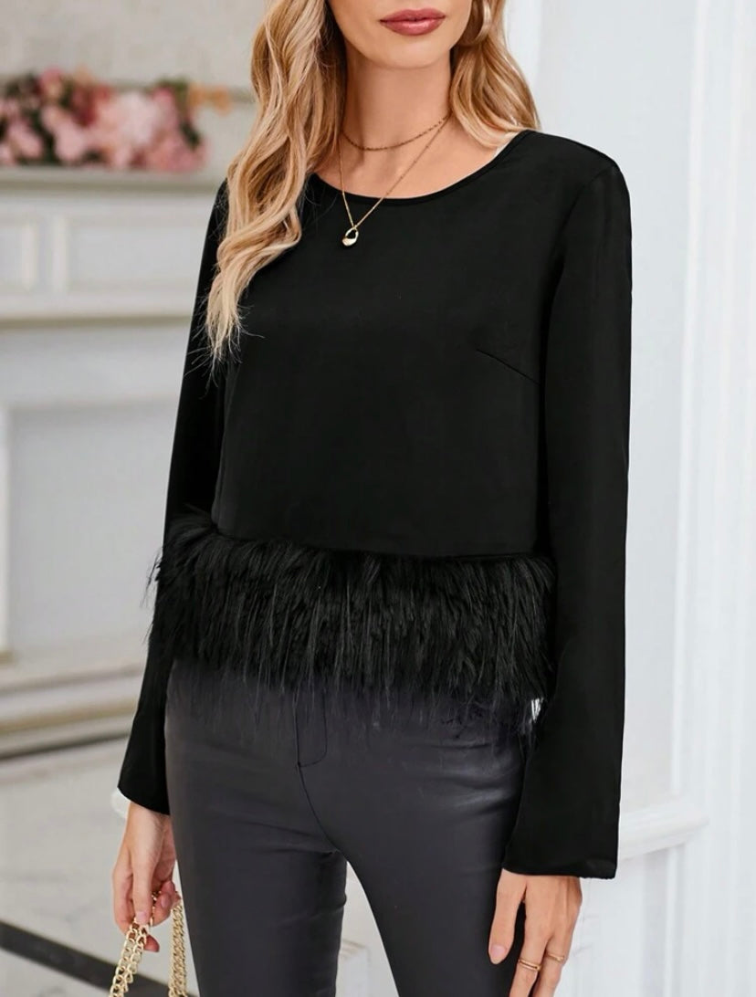 CM-TS264896 Women Elegant Seoul Style Round Neck Solid Fuzzy Hem Blouse - Black
