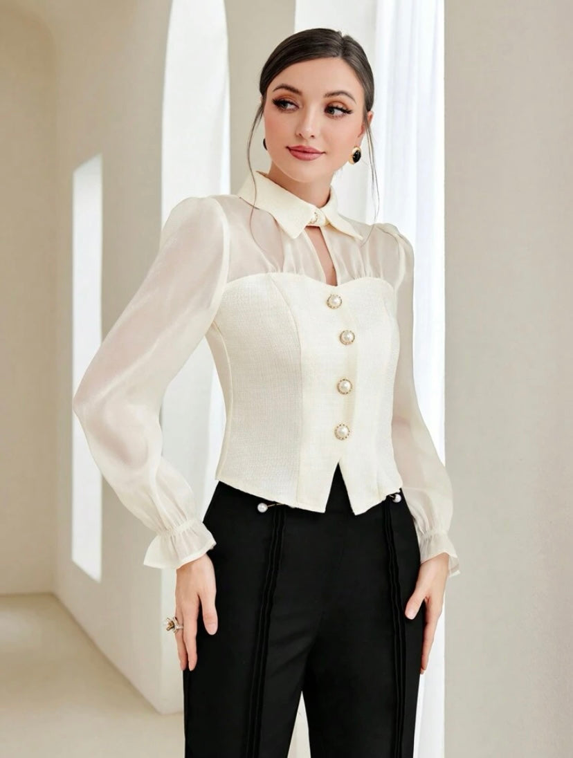 CM-TS711231 Women Elegant Seoul Style Flare Sleeve Button Front Blouse - Beige