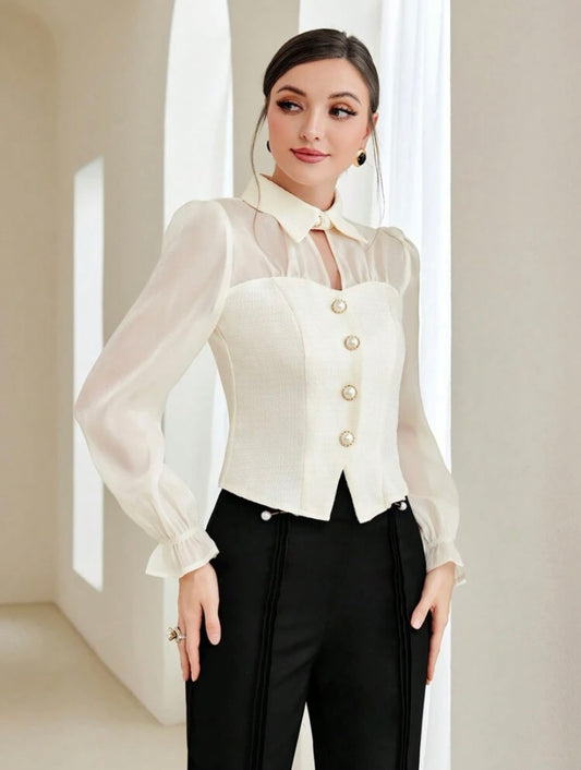 CM-TS711231 Women Elegant Seoul Style Flare Sleeve Button Front Blouse - Beige