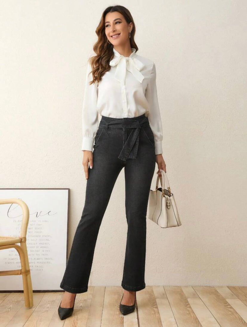 CM-BS310817 Women Preppy Seoul Style High Waist Belted Flare Leg Jeans - Black
