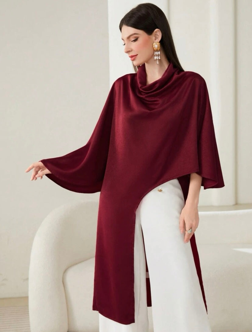 CM-TS824289 Women Elegant Seoul Style Draped Collar Asymmetrical Hem Blouse - Burgundy