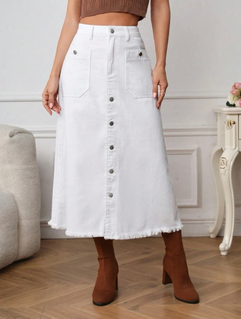 CM-BS107742 Women Casual Seoul Style High Waist Button Front Raw Hem Denim Skirt