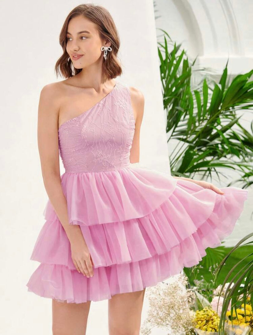 CM-DS411786 Women Elegant Seoul Style One Shoulder Lace Bodice Layered Mesh Dress