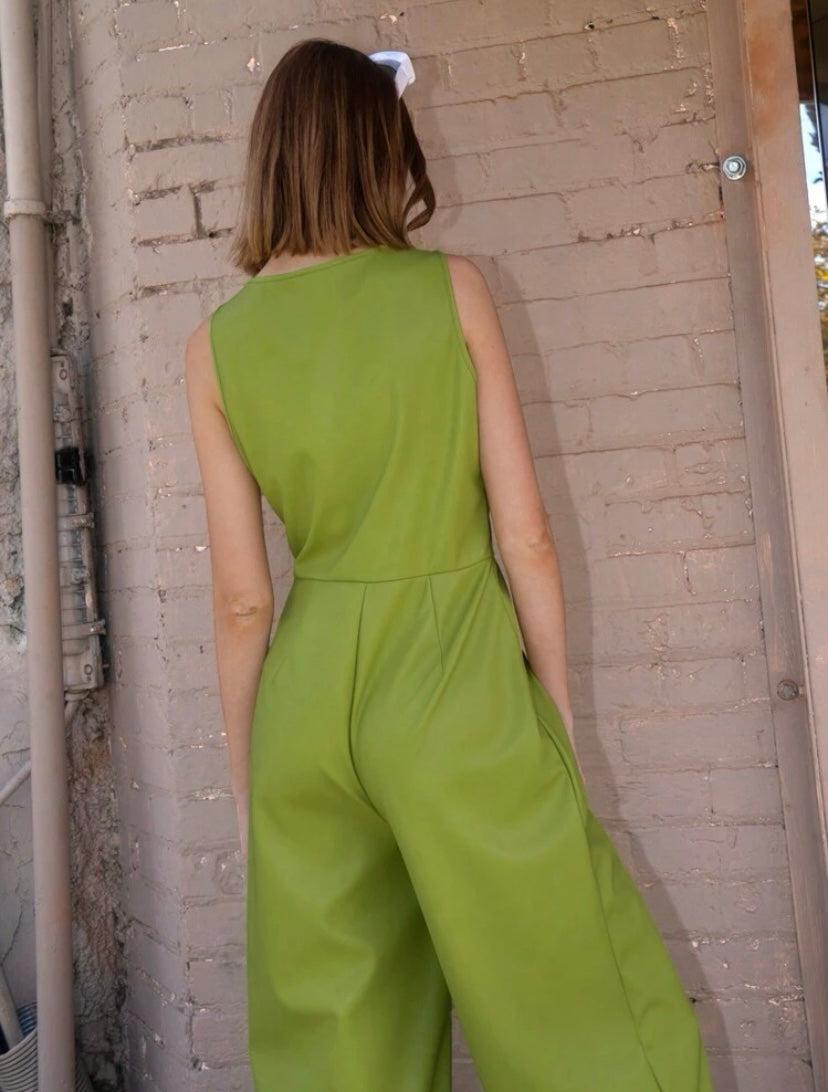 CM-JS747775 Women Casual Seoul Style Button Front PU Leather Jumpsuit - Green