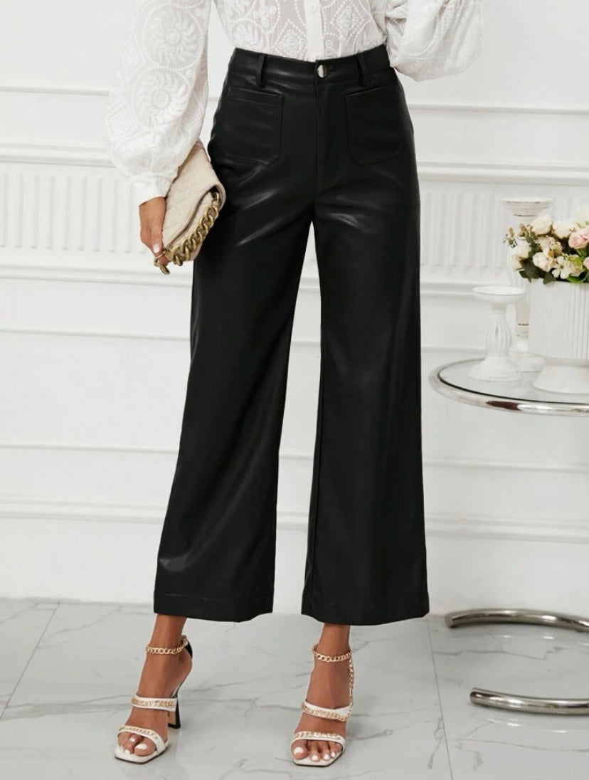 CM-BS594900 Women Casual Seoul Style High Waist PU Leather Wide Leg Pants - Black