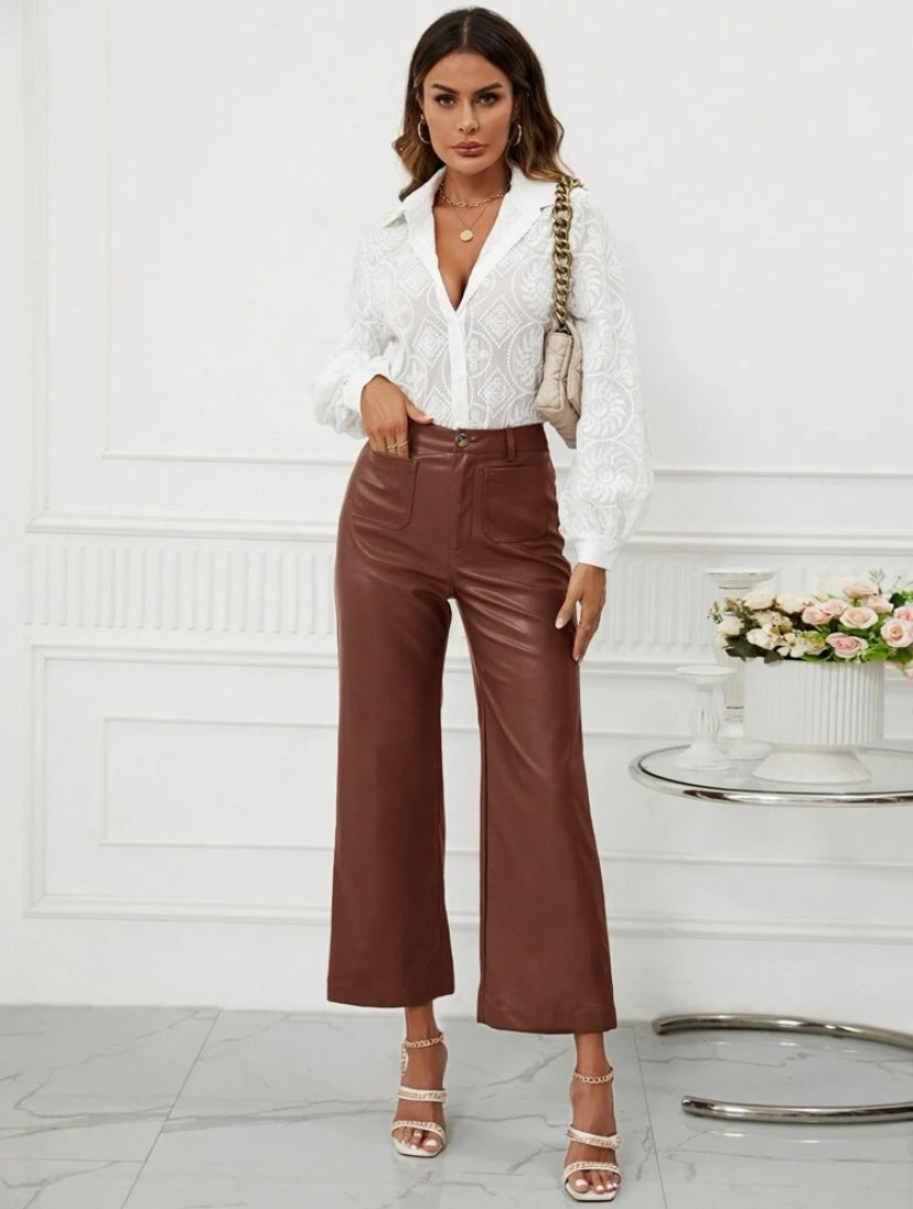 CM-BS519174 Women Casual Seoul Style High Waist PU Leather Wide Leg Pants - Coffee Brown