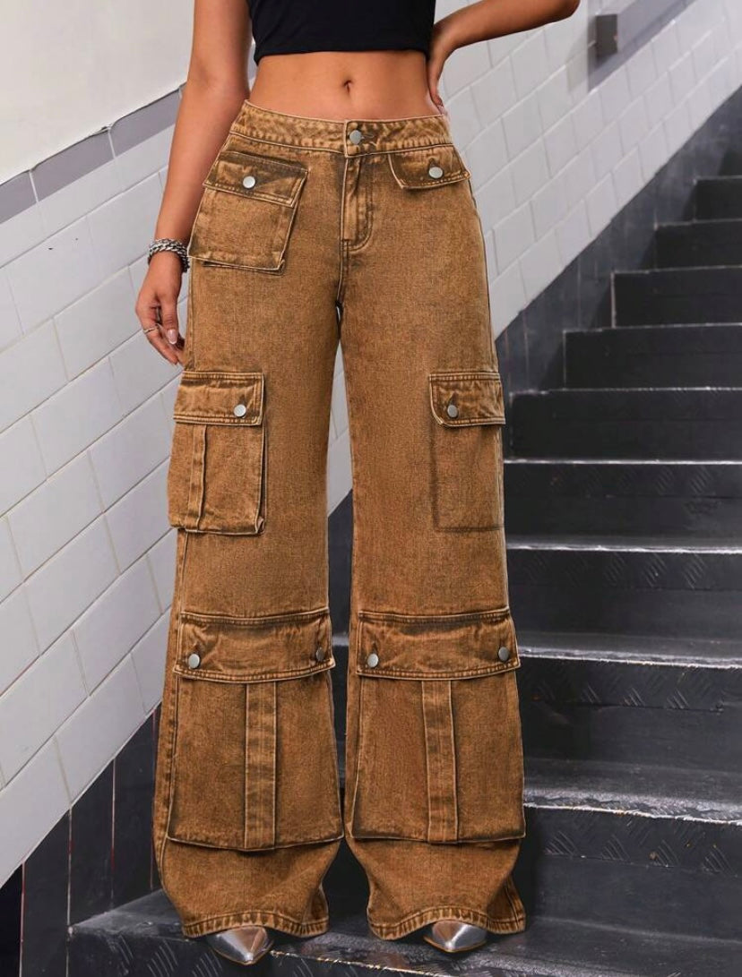 CM-BS175341 Women Preppy Seoul Style Flap Pocket Wide Leg Cargo Jeans - Coffee Brown