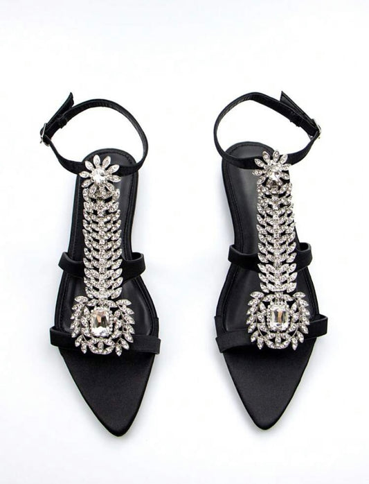 CM-SHS387057 Women Elegant Seoul Style Rhinestone Chain Buckle Slingback Flat Sandals - Black