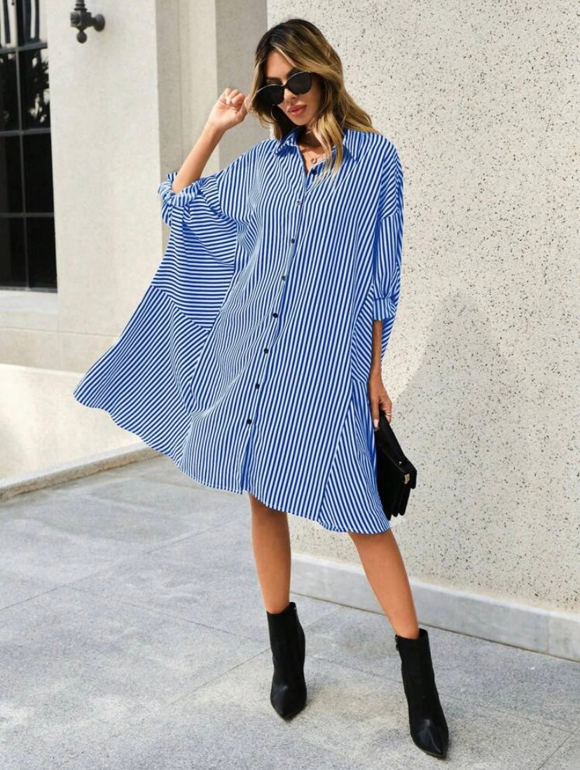 CM-DS880393 Women Casual Seoul Style Striped Print Roll Up Sleeve Button Front Shirt Dress