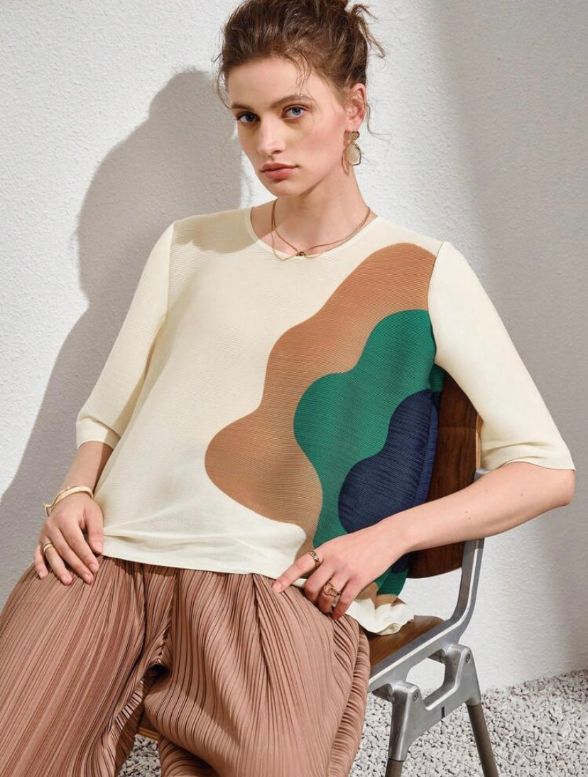 CM-TS359952 Women Casual Seoul Style Colorblock Round Neck Half Sleeve Tee